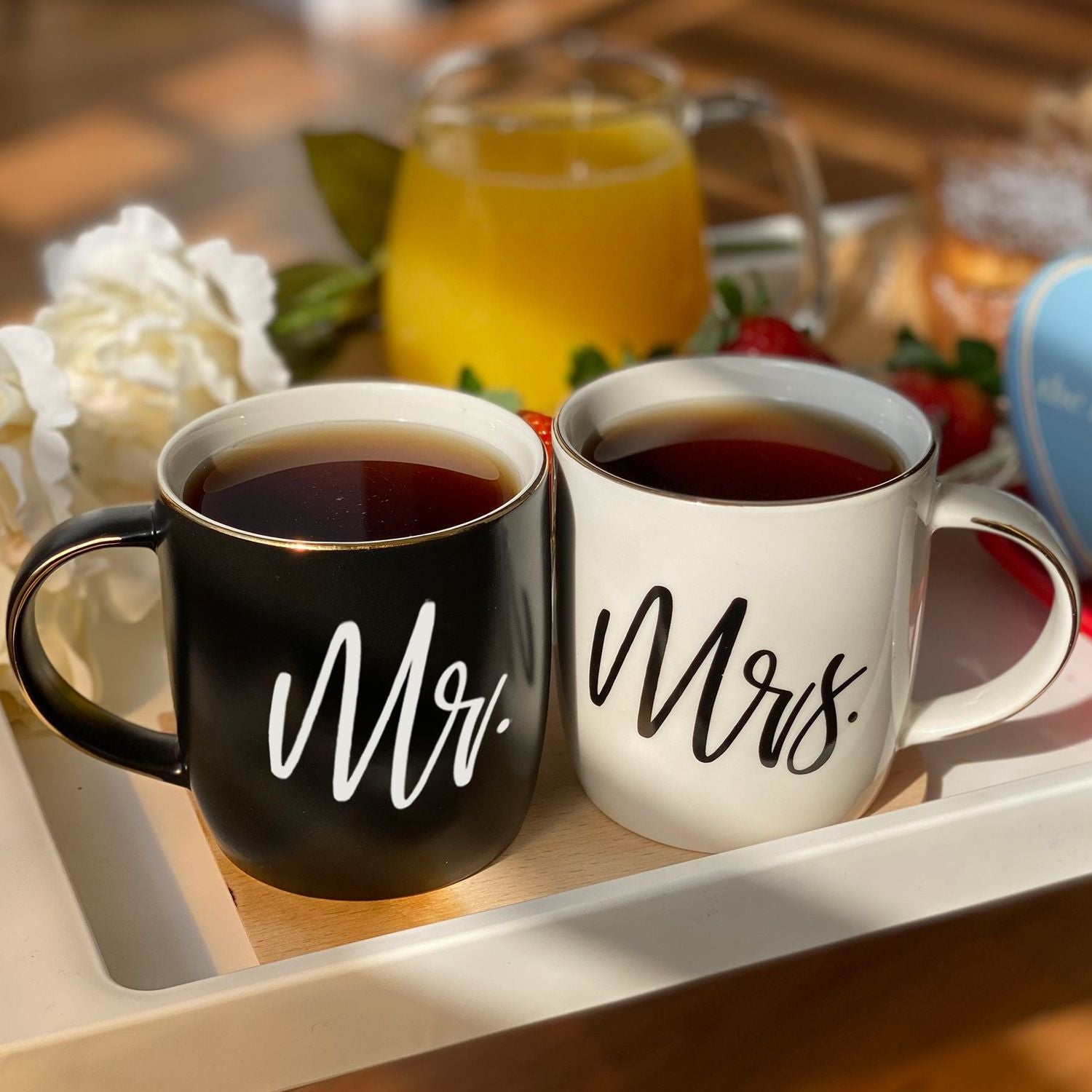 Black & White Mr. and Mrs. Mugs in Ribboned Gift Box