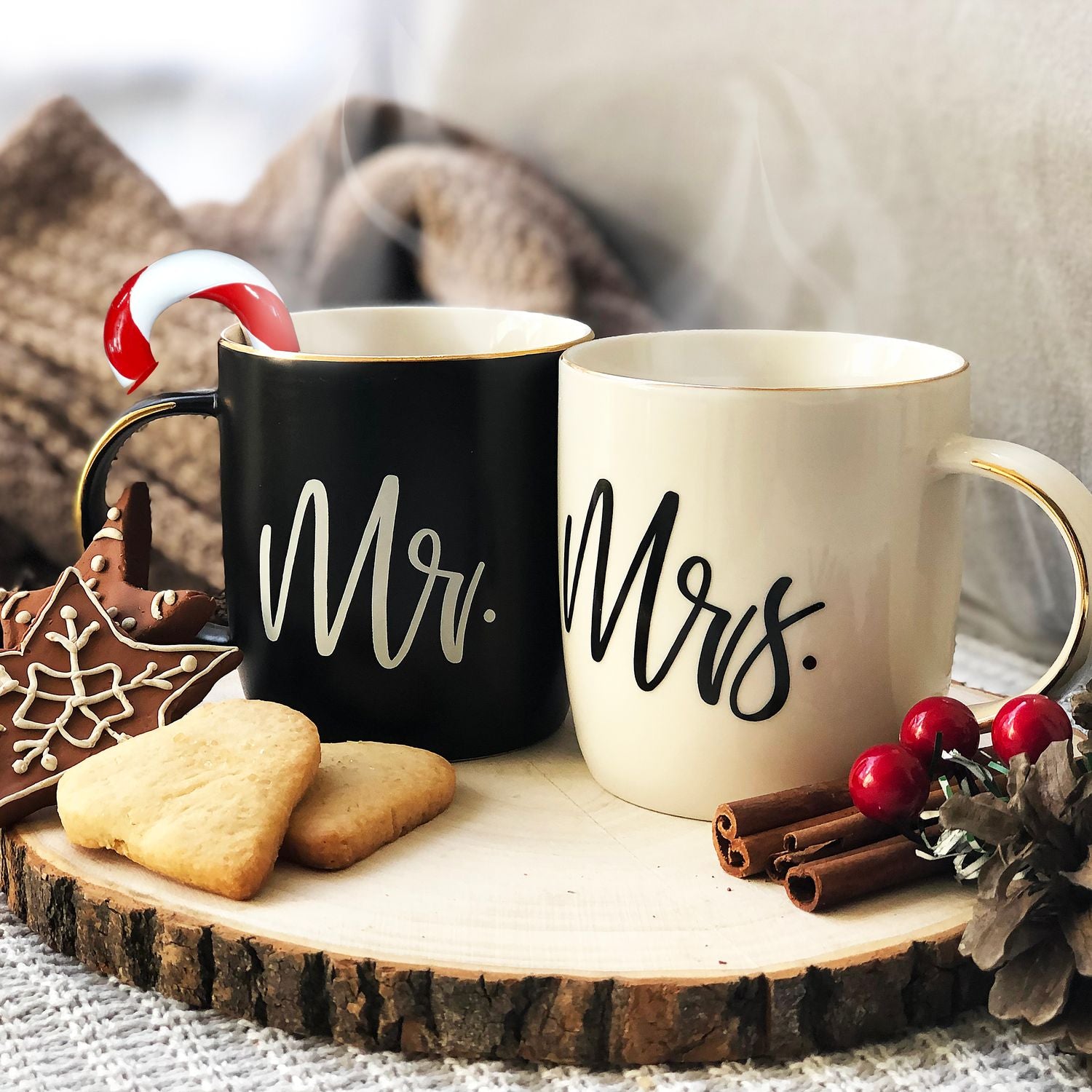 Black & White Mr. and Mrs. Mugs in Ribboned Gift Box