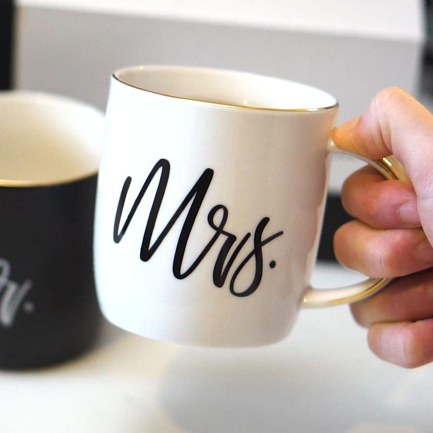 Black & White Mr. and Mrs. Mugs in Ribboned Gift Box