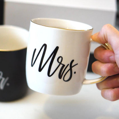 Black &amp; White Mr. and Mrs. Mugs in Ribboned Gift Box