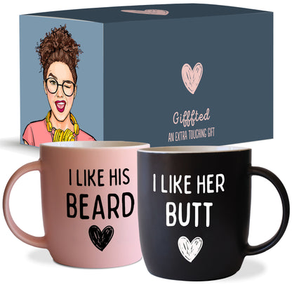 Funny Couple’s Coffee Mugs – ‘I Love His Beard’ and ‘I Like Her Butt’ – Perfect for Weddings, Anniversaries, and Valentine’s Day