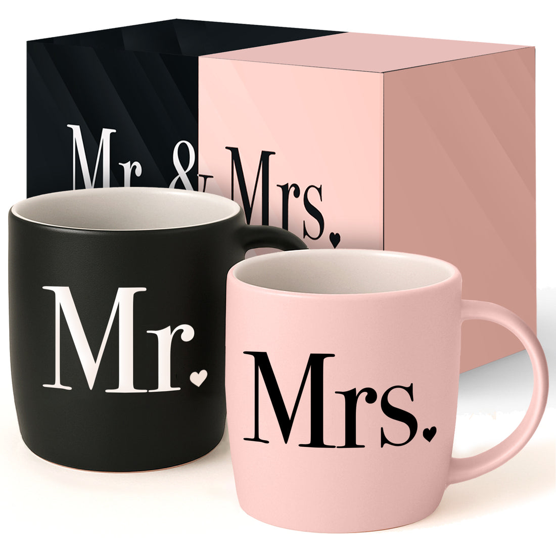 Mr. &amp; Mrs. Matte Black and Pink Mug Set